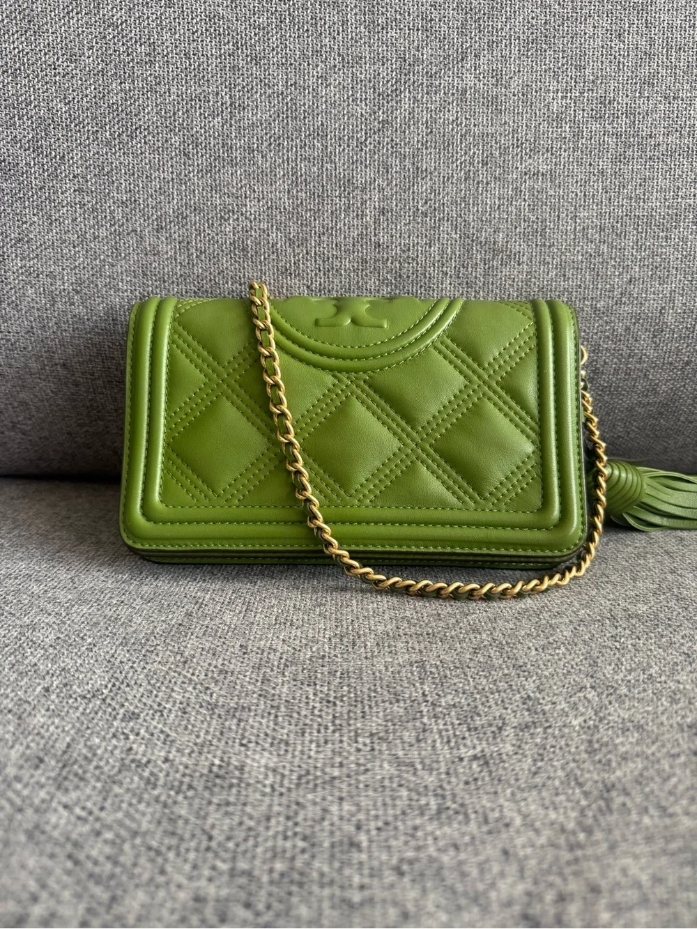 Tory Burch Olive Green Quilted Chain Crossbody with Tassel